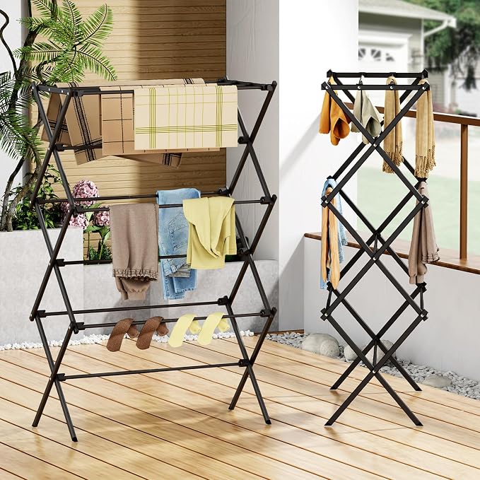 Drying Rack Clothing, 3-Tier Clothes Drying Rack Foldable, Antirust Laundry Drying Rack Collapsible Use for Indoor & Outdoor, 11.8" D x 34.6" W x 35.4" H, Black