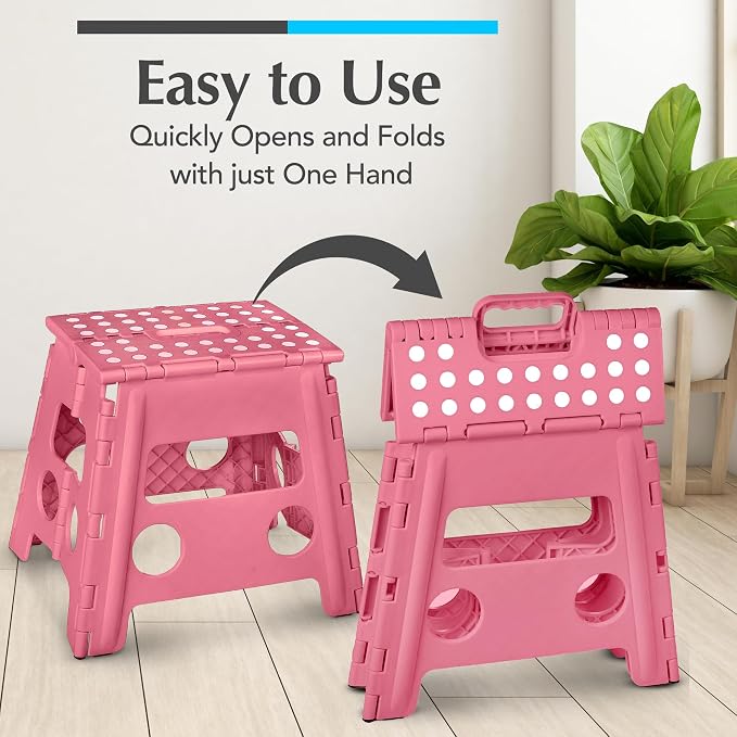 Handy Laundry Folding Step Stool 13 Inch, Pink, Non-Slip Holds 300 lbs | 13 Inch, Pink, Foldable Collapsible Step Stool, Non-Slip, Holds 300 lbs, Kitchen Bathroom Bedroom, Adults
