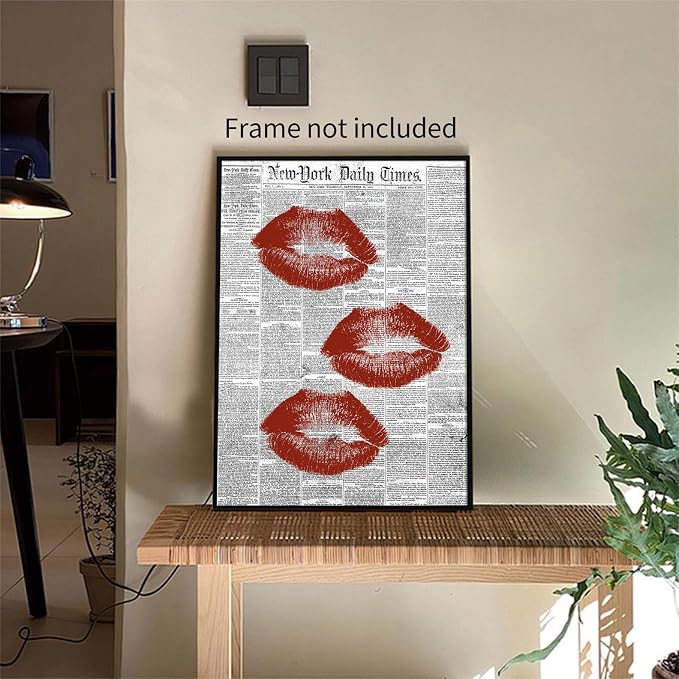 Haitunone Black White Newspaper Canvas Wall Art Fashion Red Kiss Lips Aesthetic Poster Trendy Girly Sexy Canvas Prints for Bar Cart Makeup Room Wall Decor 08x10 inch Unframed