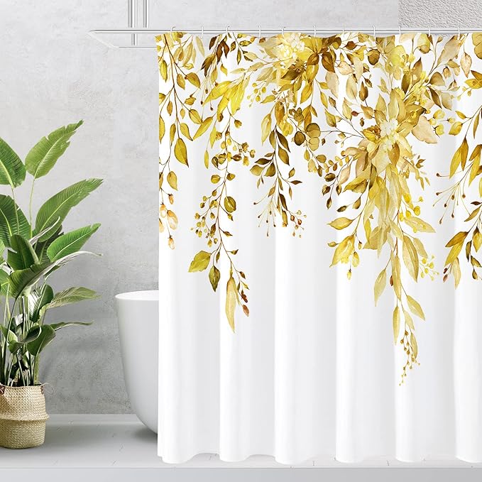 Yellow Eucalyptus Shower Curtain, Watercolor Floral Print, 72x84 | Watercolor Plant Leaves Floral Print, Waterproof Fabric Bathroom Decor, Machine Washable, Rustproof Grommets