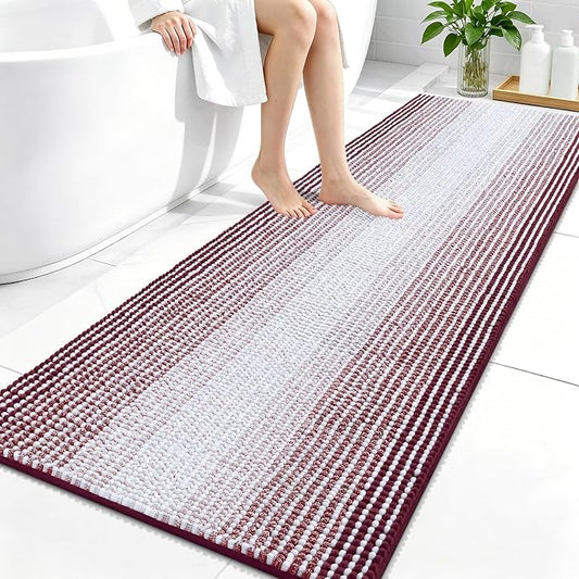 OLANLY Bathroom Runner Rugs 59x24, Chenille Striped Bath Rugs, Burgundy | Extra Soft Absorbent, Rubber Backing, Machine Wash Dry, Bath Mats for Bathroom Floor, Tub and Shower, Home Decor Accessories