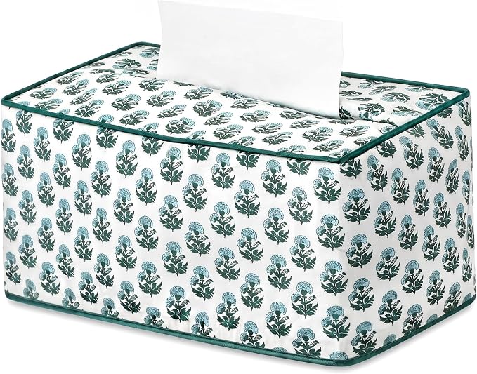 Sawysine Fabric Green and White Block Print Tissue Box Cover Rectangular | 9.8 x 5.4 x 4.2 Inches Floral Print Tissue Box Vintage Floral Decorative Napkin Holder Bathroom Decor for Kitchen Living Room