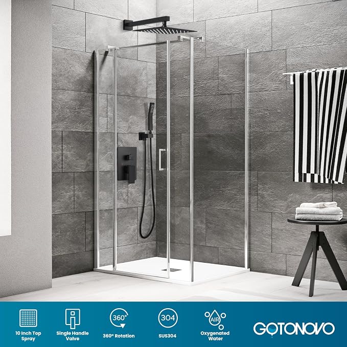 gotonovo Shower Faucet Set with Handheld Spray Matte Black,10'' Head | SUS304 Rainfall Shower Head and Handle Set System Fixture,Pressure Balance Valve Trim Kit,Single Handle,Wall Mount,All Metal