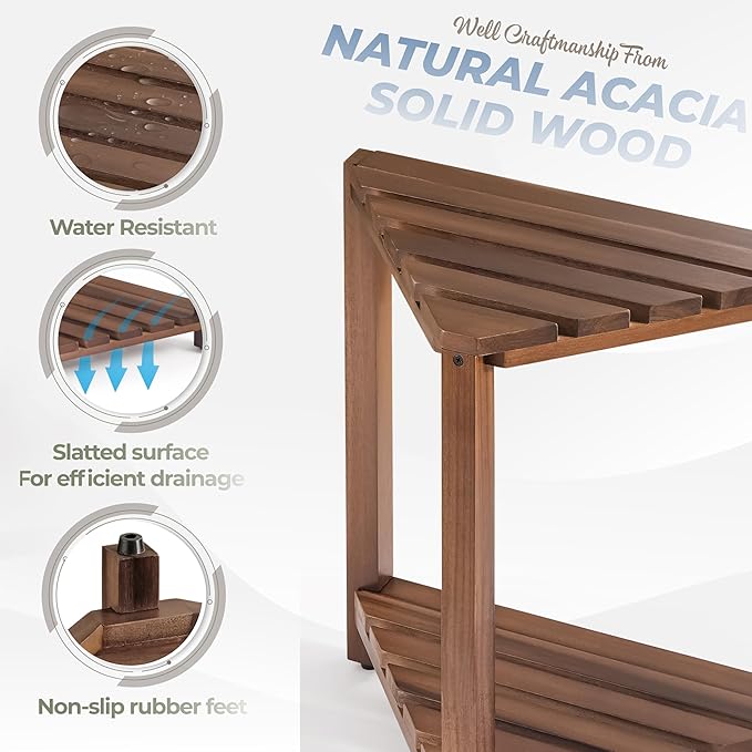 Bluewest 16.5 Inch Walnut Corner Shower Stool for Shaving Legs with Shelf | Acacia Wood Waterproof Shower Foot Rest and Wooden Corner Bench for Shaving Legs and Seating Inside Small Shower Spaces.