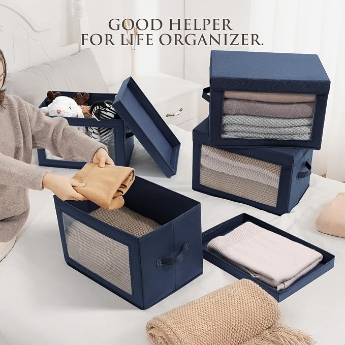 Foldable Storage Boxes with Clear Window - Clothes Organizers and Storage, Decorative Bins with Lid, Fabric Storage Cube, Storage Baskets for shelves, Yarn, Home, Navy blue, 3 Pack