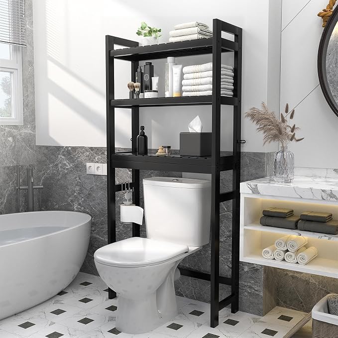 Bamboo Over The Toilet Storage Shelf, 3-Tier Above Toilet Storage Organizer Rack with 3 Hooks, Freestanding Bathroom Tower Shelf Unit for Small Space, No Rust, Easy to Assemble, Black