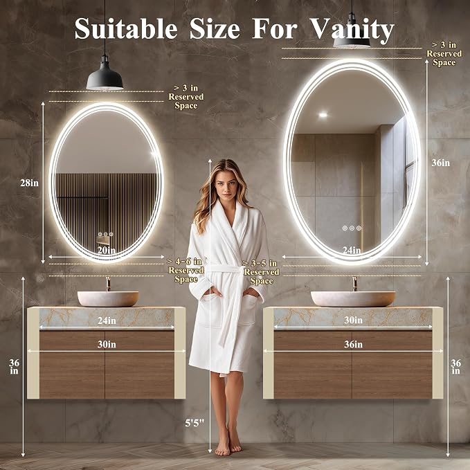 24''x36'' Oval Lighted Mirrors for Bathroom Wall Backlit + Front Lit, Oval LED Bathroom Mirror Frameless with Lights Anti Fog, Dimmable, 3 Colors,Tempered Glass, Shatter-Proof