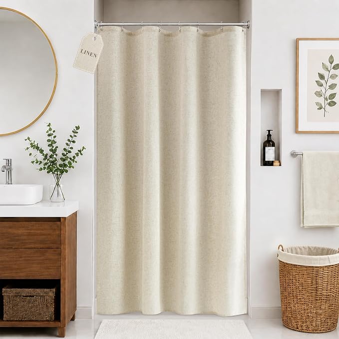 Jowels Natural Linen Fabric Shower Curtains for Bathroom, 48x72 | Stall Size, Cream Linen Shower Curtains Set, Waterproof Washable Weighted Textile, Metal Hooks, Hotel Boho Farmhouse Decor
