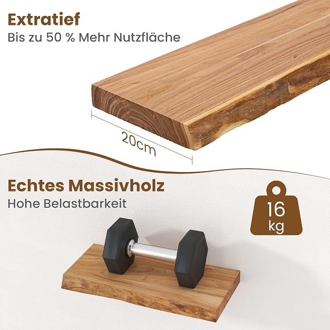 Floating Shelves for Wall Decor, Rustic Solid Elm Wood Live Edge Floating Shelves Wall Mounted, Wall Shelves with Invisible Bracket for Living Room Bathroom Bedroom Kitchen, 16 Inch Set of 2, Natural
