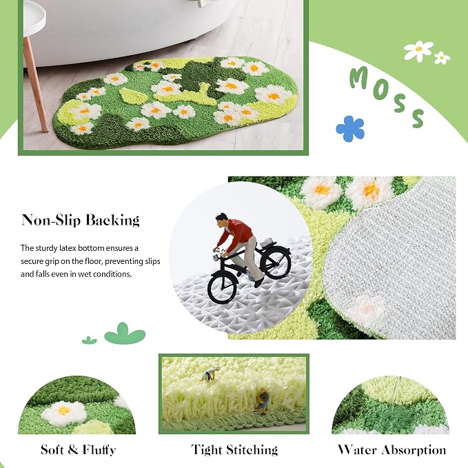 YIKUSH Moss Rug, Cute Green Plant Bath Mat with White Flowers, 32x20 Inch | Bathroom Decor Aesthetic, Soft Absorbent, Quick Dry, Machine Washable, Non Slip Bath Mat for Bedroom Shower Floor Home Decor