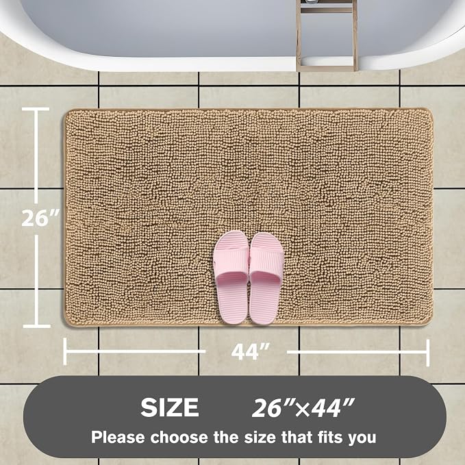 Beige Bathroom Rugs – Absorbent and Washable Bath Mat, Non-Slip, Thick Soft Chenille Bath Rugs for Bathroom Floor, Shower, Sink - 26" x 44"