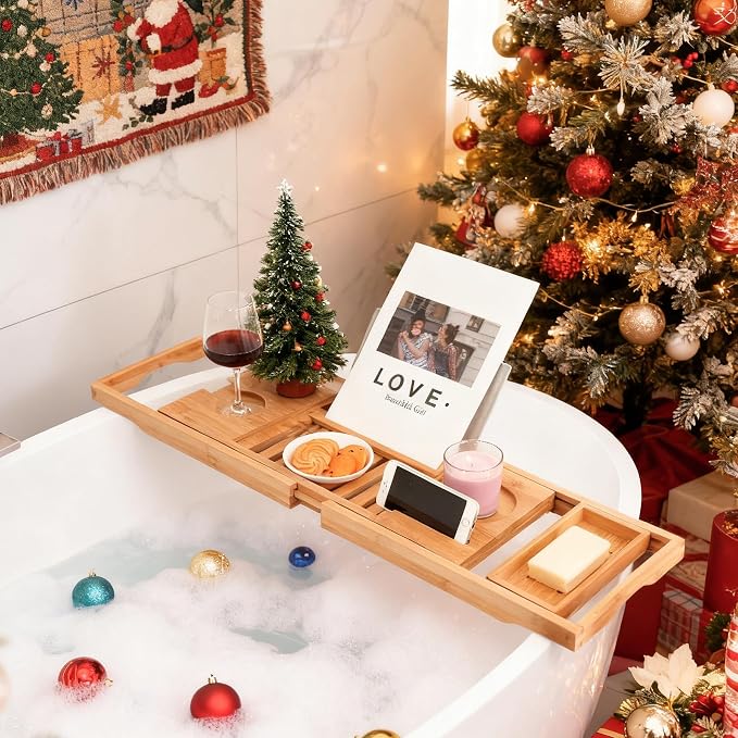Utoplike Bamboo Bathtub Caddy Tray for Tub, Adjustable Bath Table | Bathroom Organizer with Book Tablet, Wine Glass Cup, Towel Holder