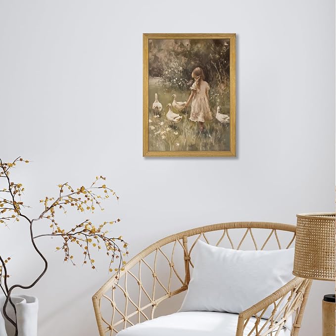 Wood Framed Canvas Wall Art, Vintage Girl with Ducks Painting Poster, Countryside Pastoral Landscape Print Picture, Rustic Farmhouse Wall Decor for Living Room Bedroom Nursery 12x16 inch
