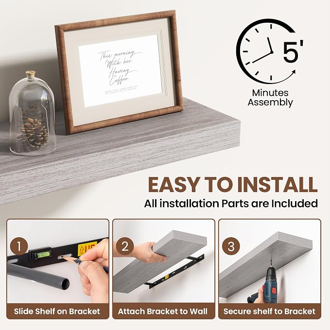Acovy 16 Inch Floating Shelves for Wall 2 Pack, 16" Wall Shelves for Books, Storage, Decor, Wall Mounted Floating Shelf with Invisible Brackets for Kitchen, Living Room, Gray