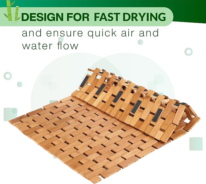 Bamboo Bath Mat - Foldable Wooden Bathmat, 24 x 16 Inches | Accessories for Bathroom Sauna Spa Tub Step and Floor - 24 x 16 x 0.4 Inches [LxWxH] - Modern Farmhouse Decor Design