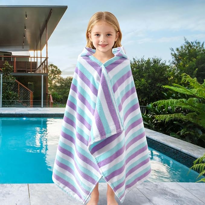 VOOVA & MOVAS Kids Wearable Towel,3-10 Years,100% Cotton, Purple Striped | Slim Light Weight, Quick Water Absorption, Great for Bath, Swim, Pool and Beach Vacation