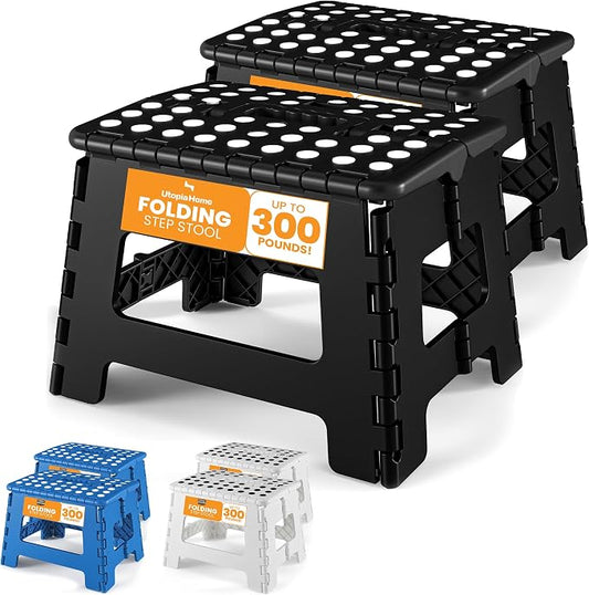 Utopia Home Folding Step Stool 9 Inch, Anti-Slip, Black, 2-Pack | Foldable step stool with anti-slip surface, built-in handle, and 300 lbs support for safe home use.