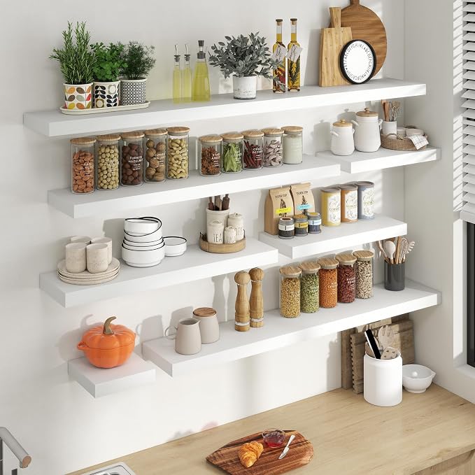 36 Inch Floating shelves for Wall, 8 Inch Deep, Invisible Brackets, White | Rustic Wall Mounted Shelf, Storage & Display, Wooden Shelves for Living Room, Kitchen, Bathroom and Home Decor, Set of 2