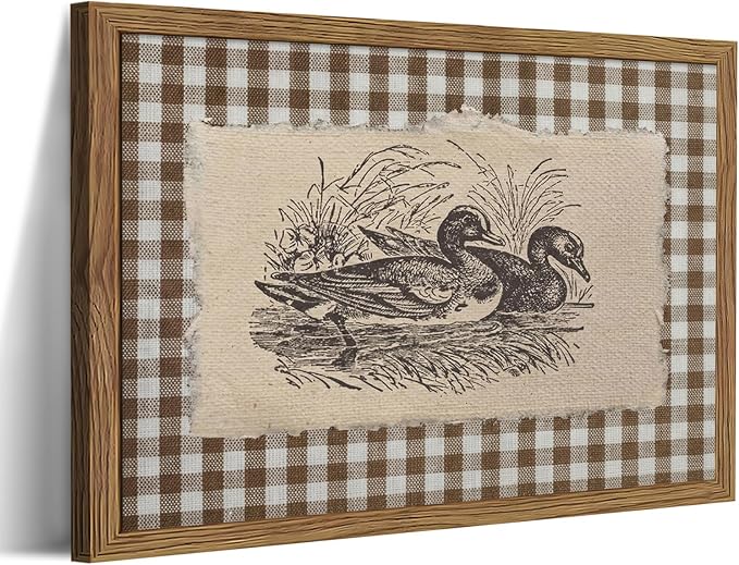 Vintage Duck Framed Wall Art – Retro Farmhouse Brown Gingham Duck Poster, Rustic Cottagecore Decor Canvas Print, Vintage Wall Decor for Living Room Bedroom Office Nursery 8x10 inch