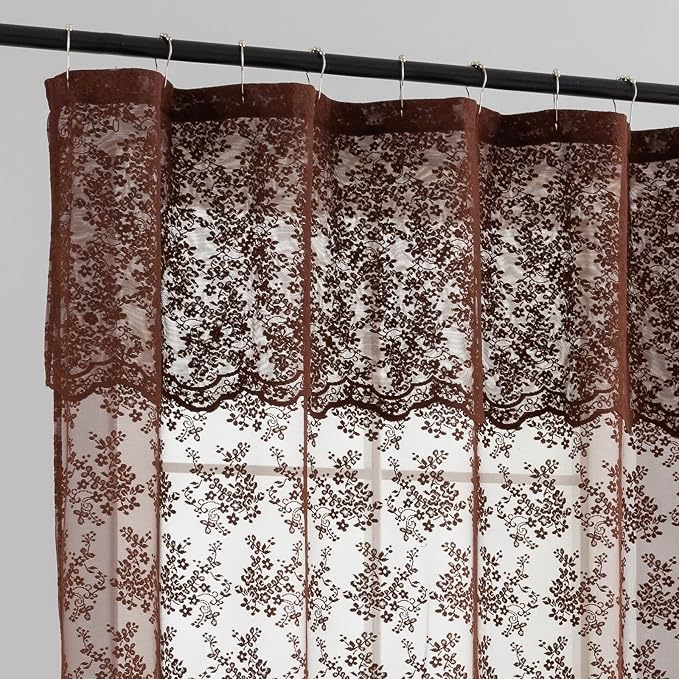 Chocolate Brown Shower Curtain 72x72, Vintage Lace with Attached Valance | Brown Lace Shower Curtain with Scalloped, Floral Trim, Lets in Soft Light for Rustic, Boho and Moody Bathroom Decor