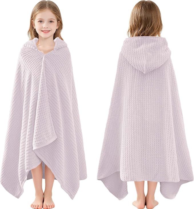 VOOVA & MOVAS Kids Hooded Bath Towel, 6-10 Years, 100% Cotton,Purple Waffle | Smooth Solid Waffle Fabric, Thick Fluffy Feel, Perfect for Daily Bath and Swimming