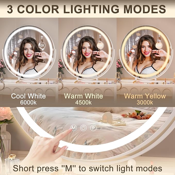 Hasipu Vanity Mirror with Lights, 27.6" LED Big Makeup Mirror, Lighted Makeup Mirror with Lights, Smart Touch Control 3 Colors Dimmable Round Mirror 360°Rotation White