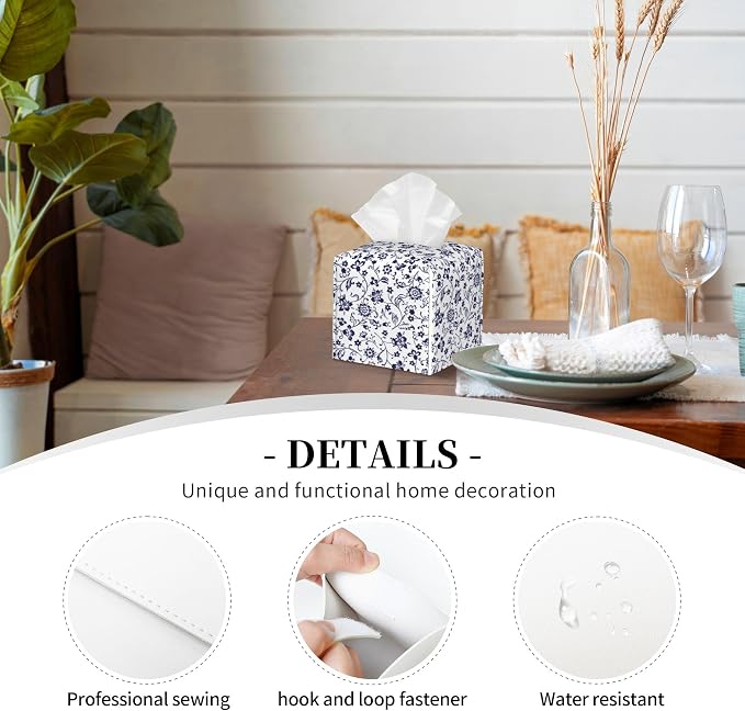 Blue and White Tissue Box Cover Square, Abstract Blue Flowers Tissue Box Holder,Waterproof Leather Facial Paper Organizer Dispenser for Bathroom Home Car Decor