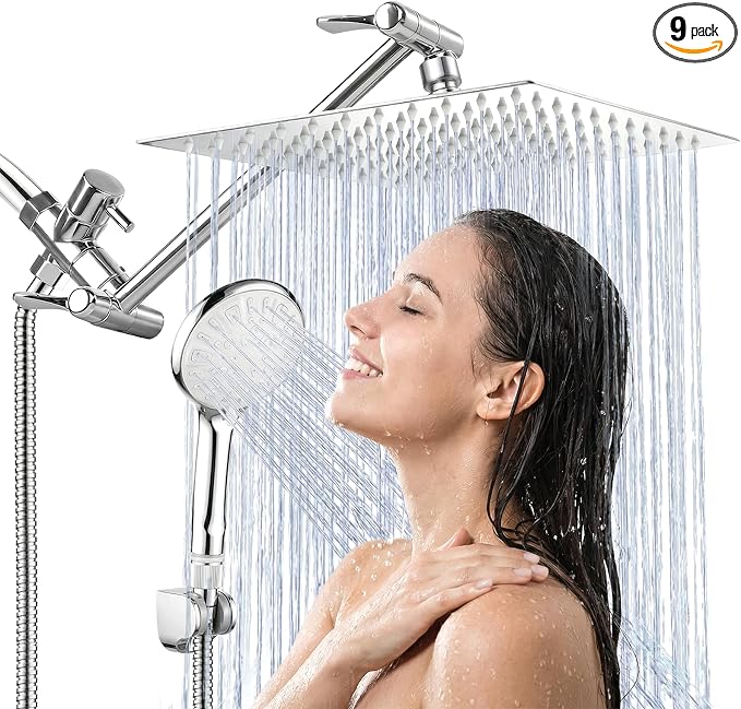 Shower Head, 10'' High Pressure Rainfall/Handheld Shower Combo, Chrome | 9 Settings, Anti-leak Shower Head with 11'' Extension Arm, Holder, Hose, Height/Angle Adjustable Shower, 1.75GPM