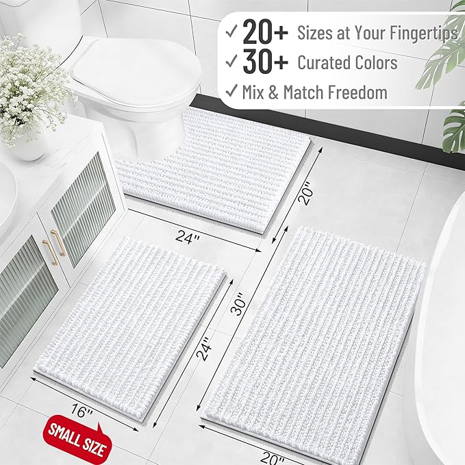 OLANLY Bathroom Rugs 34x21, Thick Soft Absorbent Chenille Bath Rugs | White, Shaggy Bath Mat with Quick-Drying Rubber Backing, Machine Washable for Floor, Tub and Shower, Home Decor Accessories