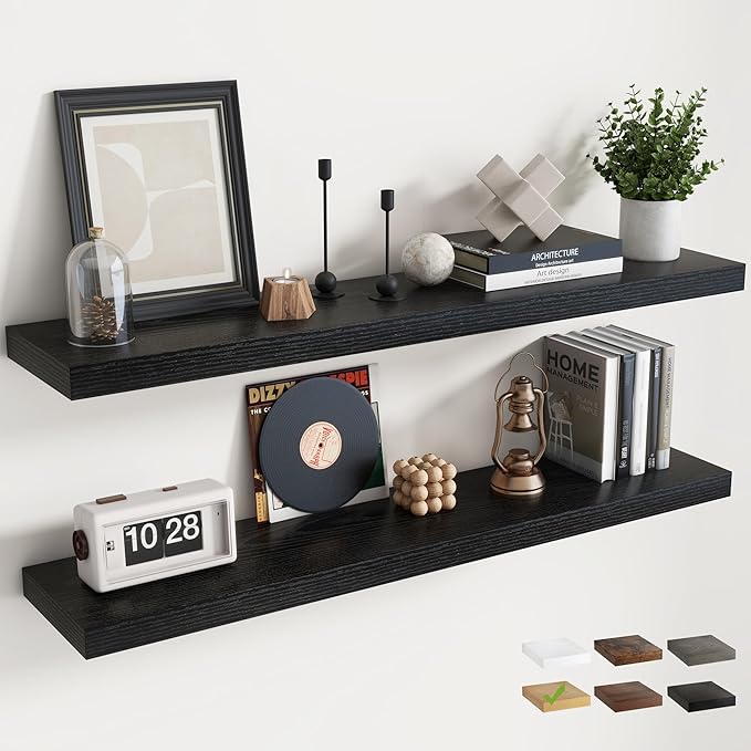 48 Inch Floating Shelves for Wall 2 Pack, 8"D Wood Grain Bathroom Shelves | Invisible Brackets, Black Finish, Easy Install | Engineered Wood Storage Shelves for Kitchen, Study, Bedroom