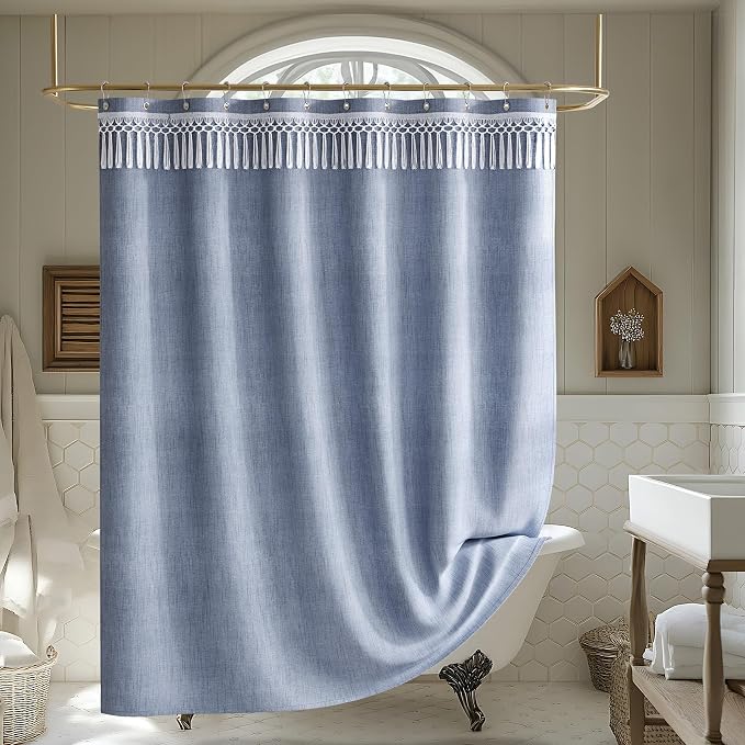 AmazerBath Blue Boho Shower Curtains for Bathroom, Farmhouse Shower Curtain with Top Tassels, Blue Shower Curtain Set, Faux Linen Fabric Shower Curtain with 12 Hooks, Hotel Quality, 72x72 Inches