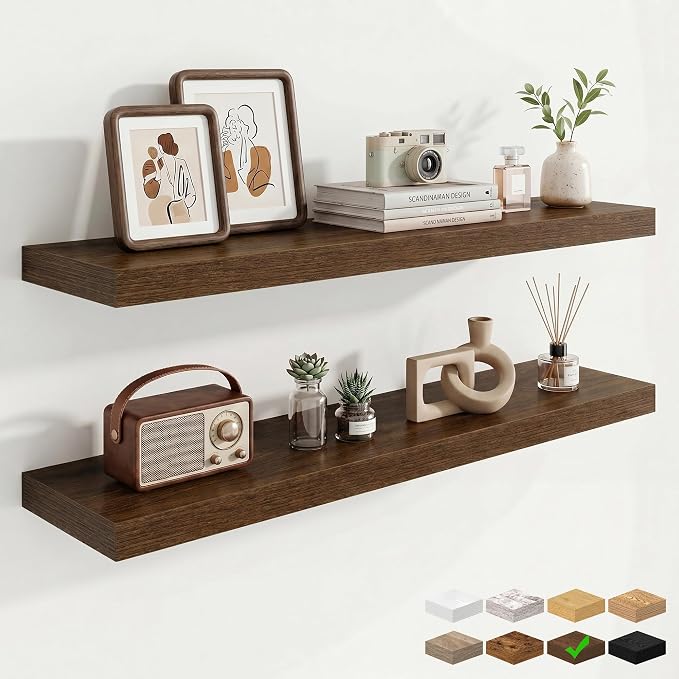 Marsmiles 9.25in Depth 40in Floating Shelves, 40x9.25x1.4, Walnut, Set of 2 | Wall Mounted Engineered Wood Shelves, Invisible Brackets for Living Room, Bedroom, Bathroom, Kitchen Decor and Storage