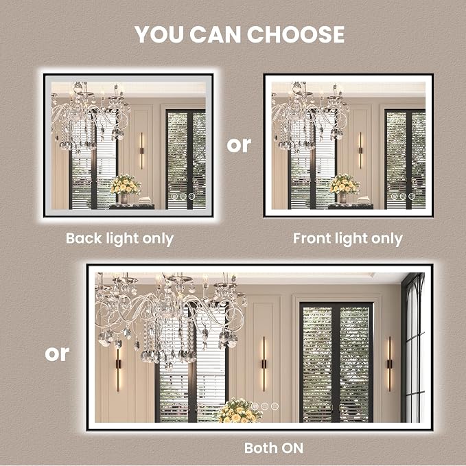 60"x40" LED Bathroom Mirror, Frontlit&Backlit, Controlled Separately | Black Metal Frame, Stepless Dimmable, Anti-Fog, HD Reflection, Shatter-Proof, 3 Colors Lighting, Memory, UL Listed