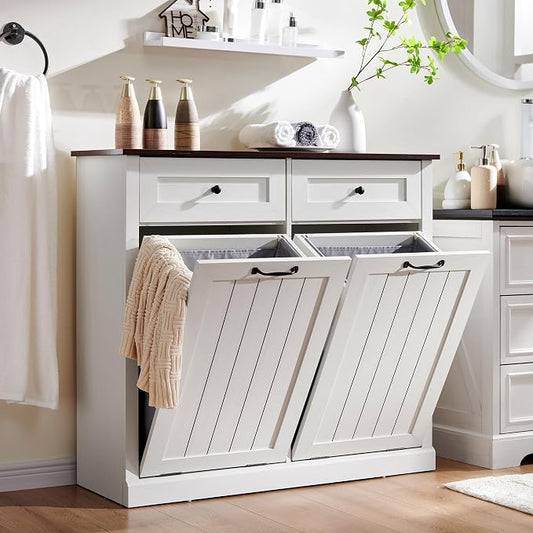 IFBUY Double Tilt Out Laundry Hamper Cabinet, Trash Cabinet, Antique White | 20 Gallon Farmhouse Trash Cabinet w/Drawers, Hidden Wood Garbage Can Cabinets w/Laundry Storage Basket for Bathroom, Kitchen