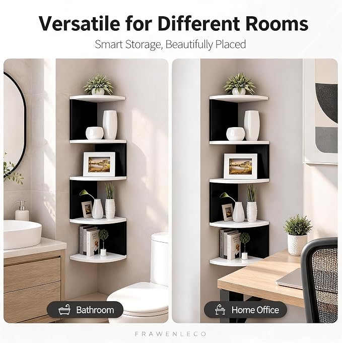 No-Drill Corner Shelf Wall Mount, 5-Tier Floating Corner Bookshelf with Hooks, Space-Saving Zigzag Plant Shelf for Bedroom, Living Room, Bathroom, Home Office(White & Black)