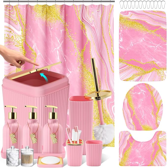 21PCS Bathroom Sets with Shower Curtain and Rugs Bathroom Accessories Set Pink Bathroom Set Complete with Trash Can, Toilet Brush, Qtip Holder & 3PCS Soap Dispenser