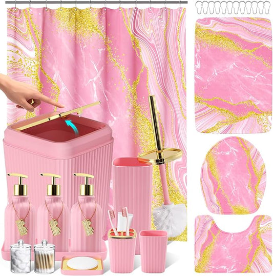 21PCS Bathroom Sets with Shower Curtain and Rugs Bathroom Accessories Set Pink Bathroom Set Complete with Trash Can, Toilet Brush, Qtip Holder & 3PCS Soap Dispenser