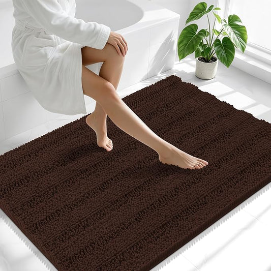 Smiry Thick Chenille Large Bathroom Runner Rugs 40x32, Soft Bath Mat, Brown | Quick‑Dry & Machine Washable, Non‑Slip Bath Carpet, Striped Bath Rugs for Tub & Shower, Modern Home Decor Accessories