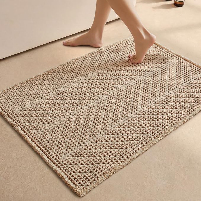 Sunfly Waffle Bath Mat, Boho Bath Rugs for Bathroom Floor Super Absorbent & Quick Dry, Non-Slip Washable Bath Mat with Tassels, Ultra Soft Farmhouse Bathroom Decor 24"*36" Beige