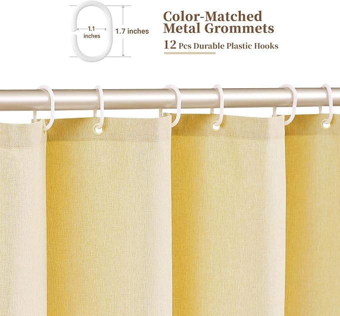 72x80 Boho Scalloped Linen Textured Cloth Shower Curtain Set, Yellow | Long Size, 230GSM Waterproof Polyester, Heavy Duty Fabric, 12 Plastic Hooks, Elegant Modern Farmhouse Style, Machine Washable