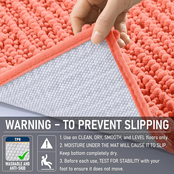 OLANLY Bathroom Runner Rugs 59x24, Thick Soft Absorbent Chenille Bath Rugs | Coral, Quick-Drying Rubber Backing, Long Shaggy Bath Mat, Machine Washable for Floor, Tub and Shower, Home Decor Accessories