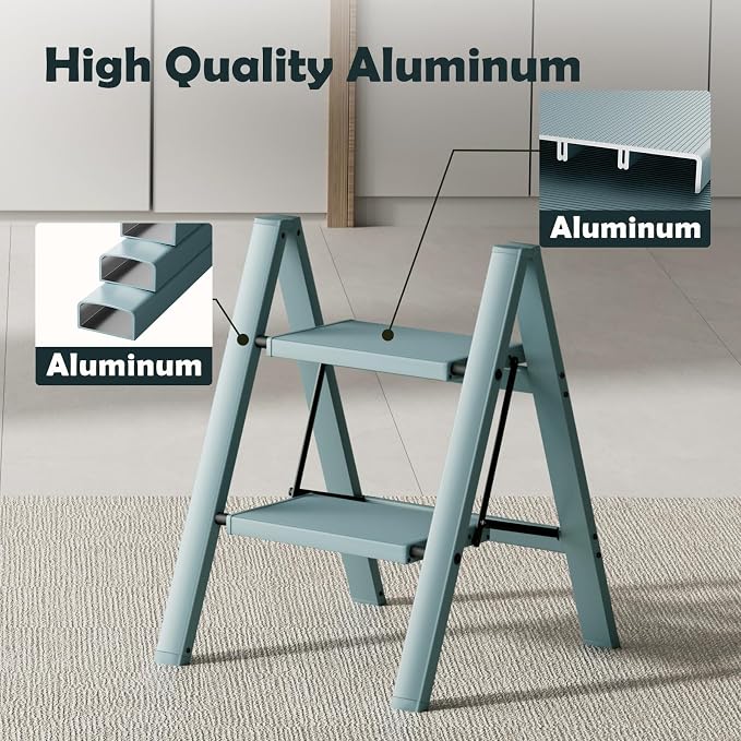 Taranta 2 Step Stool Foldable,Aluminum Step Ladder-Serene Blue | Lightweight,Wide Anti-Slip Pedals,Folding Step Stool,330lbs Capacity Stepladder for Household,Kitchen,Office