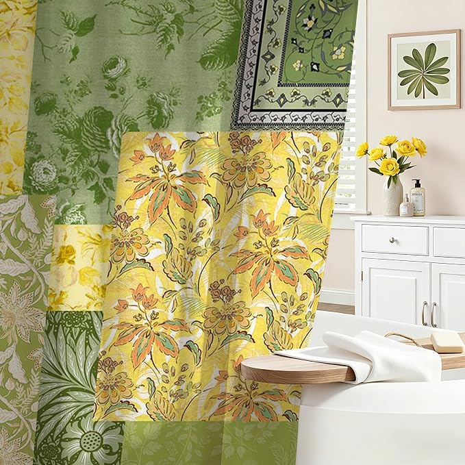 Mocsicka Vintage Boho Shower Curtain Retro Floral Shower Curtain Boho Floral Bathroom Decor Waterproof Mid Century Farmhouse Flowers Patchwork Bath Curtain 72 X 72 Inch