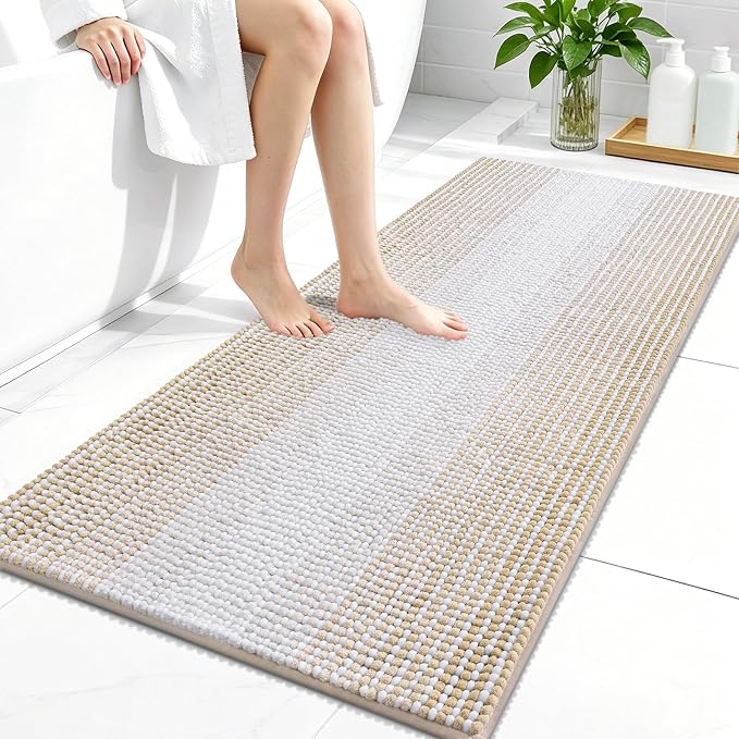 OLANLY Bathroom Runner Rugs 44x24, Soft Chenille Striped Bath Rugs, Beige | Extra Absorbent, Rubber Backing, Machine Wash Dry, Bath Mats for Bathroom Floor, Tub and Shower, Home Decor Accessories