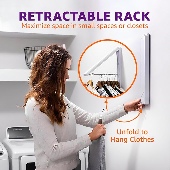 InstaHanger ABS Wall Mounted Clothes Drying Rack, 60 lb Capacity, 2 Pack | Durable Retractable Drying Rack Folds Flat - Space-Saving Collapsible Clothes Hanger