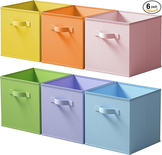 Cupic Cupid 6-Pack 11x11 Cube Storage Bins, Fabric Bins, Pastel Colors | Foldable, Reinforced Front Handle, Holds Toys, Stuffed Animals, Clothes and More, Fits Shelves, Playroom, Nursery, Cubby