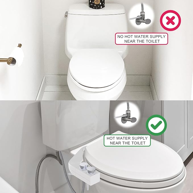 BIDETbidet Left/Right Reversible WARM WATER Ultra-Slim Bidet Attachment with Temperature Control, Interchangeable Knob Set, Hinged Nozzle, Non-Electric, Easy Install, Fits Most Toilets, Off-White