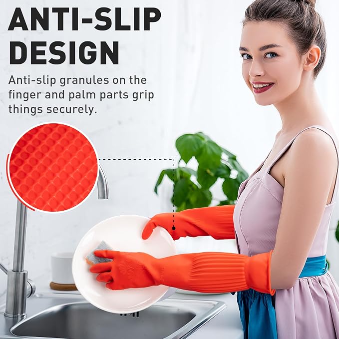 ThxToms Rubber Dishwashing Cleaning Gloves (2-Pair) - Fleece Lined | Reusable Long Dish Gloves for Washing Dishes, Waterproof Kitchen Gloves with Extra-Long Cuff & Anti-Slip Design, Medium