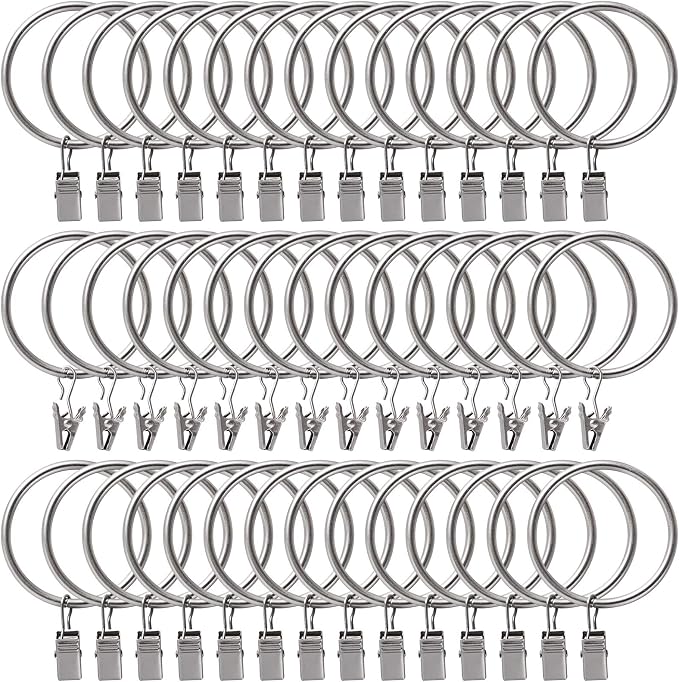 Lansian 44 Pack Curtain Rings with Clips Hooks 1.5 in Diameter Rustproof | Metal Stainless Steel Drapery Rings for Tension Rod Bracket Eyelets Decorative Hanger, Fits 1.38 in Rods, Matte Silver