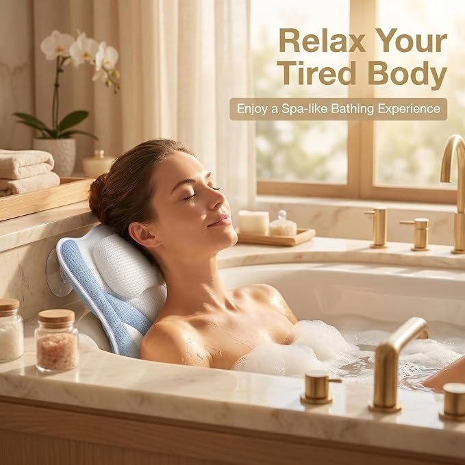 Blue White Bath Bathtub Pillow Spa Pillows for Tub. | Bath Pillow With Comfortable Soft 5D Mesh Fabric Suction Cups Head Neck Back Support Women`s Men`s Relaxing Bathing Gifts
